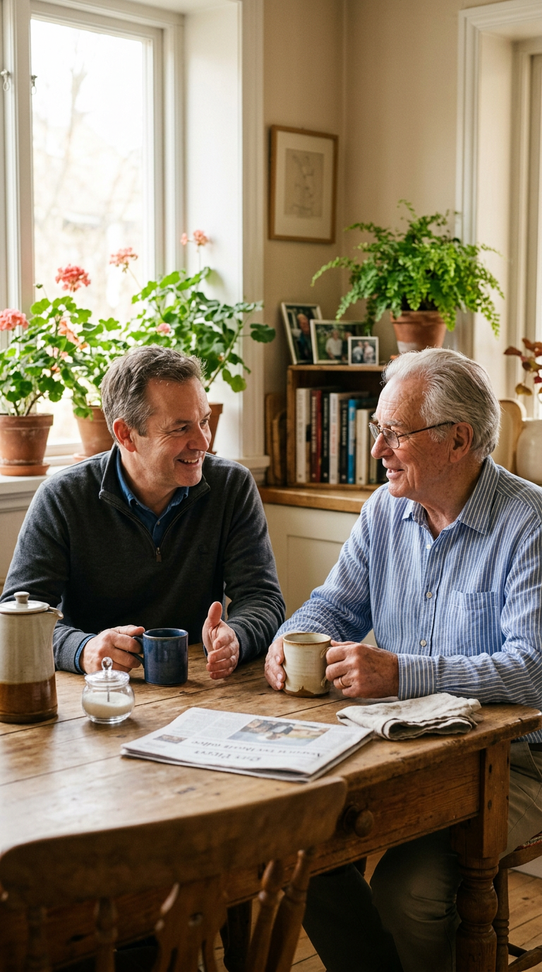 Rob sharing coffee and conversation with an older gentleman at a sunlit kitchen table